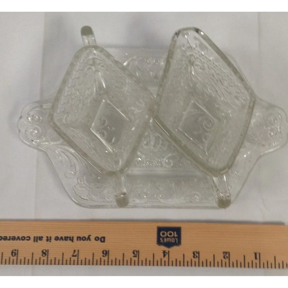 Vintage Crystal Cream & Sugar Bowl With Plate‎ , Etched Floral & Diamond Pattern